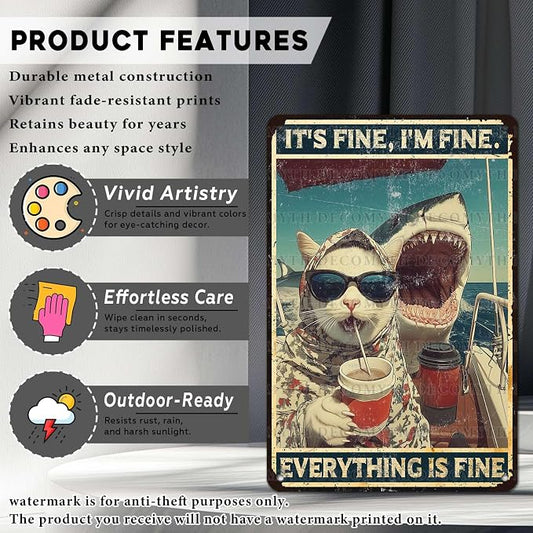 Cat Office Decor Metal Sign Shark Cat Decor Retro Tin Sign Shark Posters Funny Animal Wall Art for Office Man Cave Bar 12 * 8inch