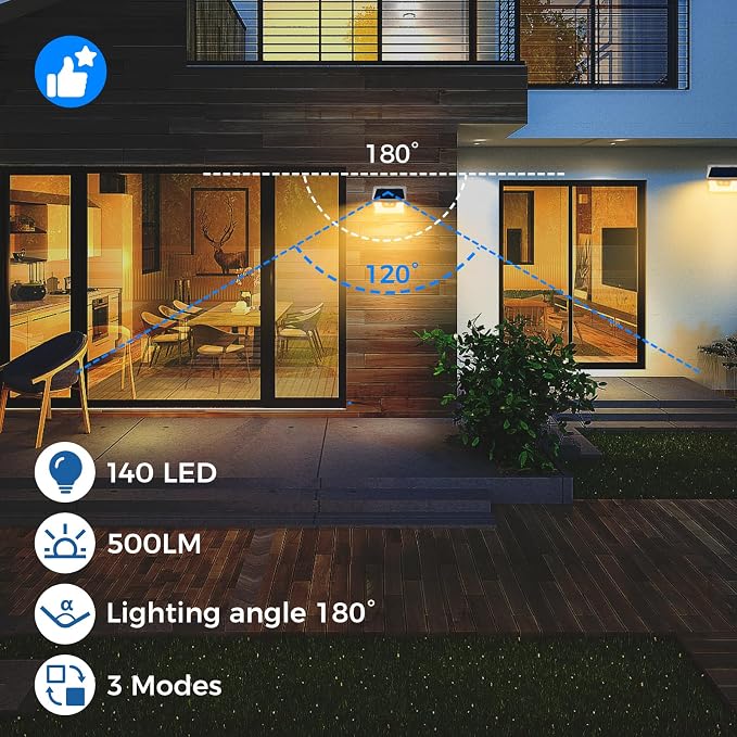 Peasur Solar Lights Outdoor Motion Sensor Waterproof, 8Pack 140LED White Solar Powered Fence Lights, 3 Modes Security Wall Lights for Garden Yard Outside Warm