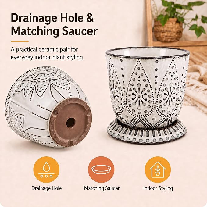 Gepege 6 Inch Beaded Ceramic Planter Set of 2 with Drainage Hole and Saucer for Plants, Indoor-Outdoor Large Round Succulent Orchid Flower Pot (Smoked Gray, Inner-pots not Larger Than 5 Inch)