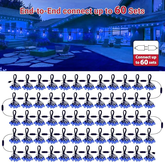 LAMPHOME 2PACK LED Outdoor String Lights, 26ft Patio Lights with 12+1 Edison Shatterproof Bulbs(1 Spare), UL Waterproof Connectable Dimmable Outside Lights for Backyard Porch Deck Garden Decor, Blue