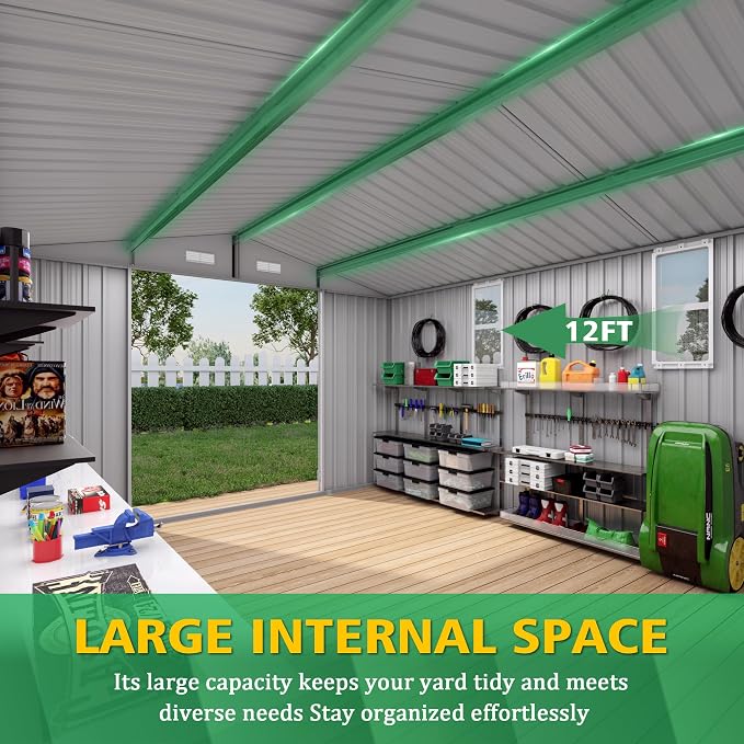 10x12FT Outdoor Storage Shed,Waterproof Large Metal Garden Shed with Double Door and Two Translucent Windows,Vents,Tool Shed for Backyard Patio Lawn Poolside,Gray