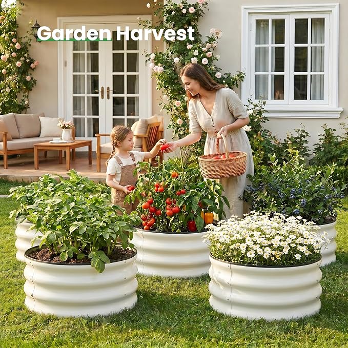 WILLOW WEAVE 4 Pcs Round Raised Garden Bed Outdoor, 2x2x1ft Circle Garden Bed, Galvanized Raised Planter Box for Gardening, Metal Raised Beds for Flower, Vegetable, Herb, White