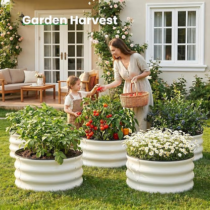 WILLOW WEAVE 4 Pcs Round Raised Garden Bed Outdoor, 2x2x1ft Circle Garden Bed, Galvanized Raised Planter Box for Gardening, Metal Raised Beds for Flower, Vegetable, Herb, White