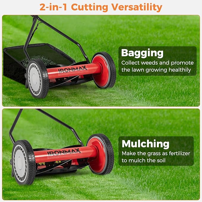 IRONMAX Lawn Mower, 14 Inch Push Reel Lawn Mower with 5 Steel Blades, Adjustable Cutting Heights, Grass Catcher Bag, Walk-Behind Manual Lawnmower for Garden Park Yard, No Motor (Red, 14 Inch)