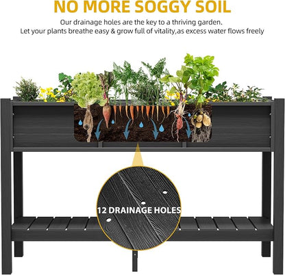 DWVO Raised Planter Box with Legs 48x18x30in Raised Garden Bed HDPE Poly Wood Weather-Resistant Elevated Garden Bed with Storage Shelf, Planter Boxes Outdoor for Patio Balcony Backyard, Black