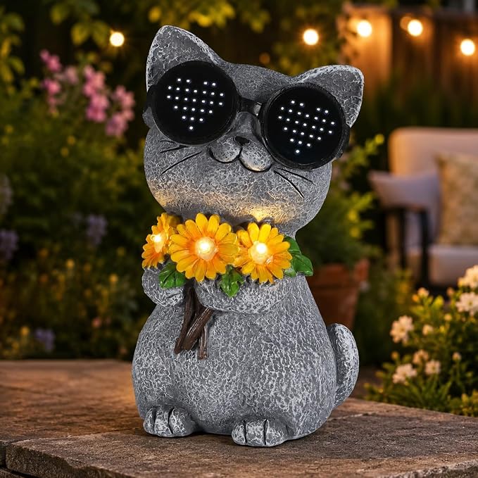 Solar Garden Statues Cat with Daisy and LED Lights Birthday Gifts for Women Mom Grandma Solar Outdoor Decor for Patio Backyard Yard Lawn Decoration-Unique Housewarming Gifts