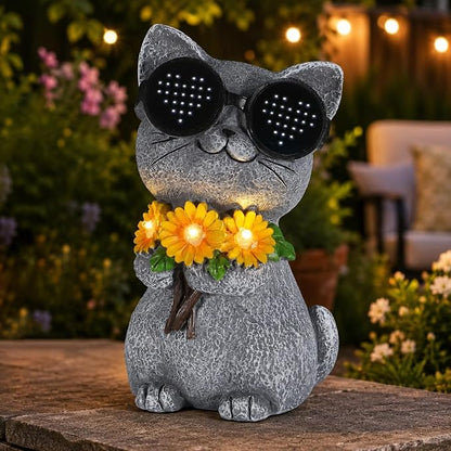 Solar Garden Statues Cat with Daisy and LED Lights Birthday Gifts for Women Mom Grandma Solar Outdoor Decor for Patio Backyard Yard Lawn Decoration-Unique Housewarming Gifts