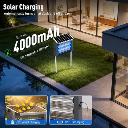 Solar Bug Zapper Outdoor Waterproof, USB-C Rechargeable Mosquito Zapper, 4500V Electric Bug Zapper, Solar Mosquito Trap Fly Insect Killer for Patio Garden Backyard Garage(Gray)