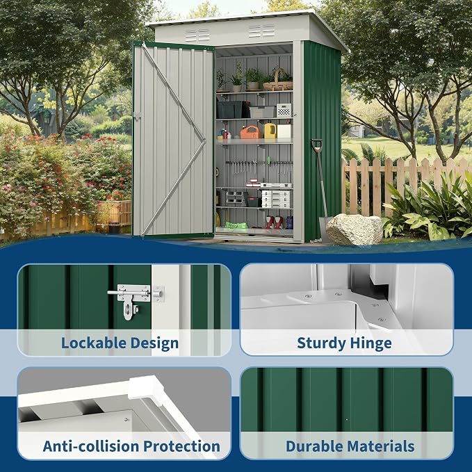 Garvee 5x3 FT Outdoor Storage Shed, Tool Shed with Sloping Roof and Lockable Door, Compact Metal Tool Garden Shed for Garden, Backyard, Patio