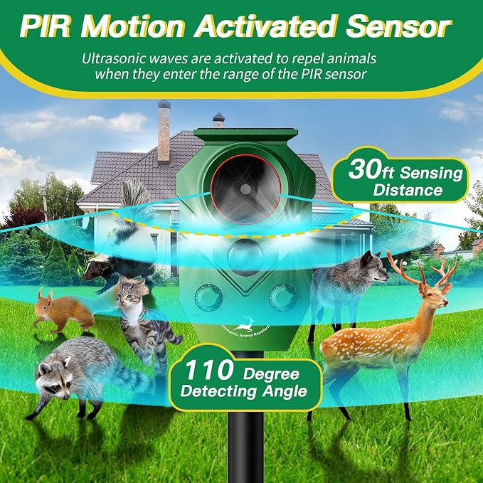 Solar-Powered Ultrasonic Animal Repellent with Motion Sensor, Perfect for Outdoor Yards, Deer Repellent Device with LED Flashing Lights, Effective to Repel Deer, Coyotes, Raccoons, and Cats