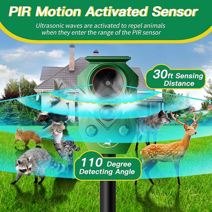 Solar-Powered Ultrasonic Animal Repellent with Motion Sensor, Perfect for Outdoor Yards, Deer Repellent Device with LED Flashing Lights, Effective to Repel Deer, Coyotes, Raccoons, and Cats