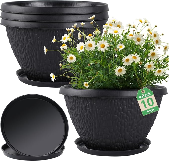 Nooulap 4 Pack 10 inch Plant Pots for Outdoor Indoor, Durable Flower Pots with Drainage, Indoor Outdoor Planters for Herbs Flowers Small Trees (Black Pebbles Design)