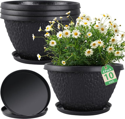 Nooulap 4 Pack 10 inch Plant Pots for Outdoor Indoor, Durable Flower Pots with Drainage, Indoor Outdoor Planters for Herbs Flowers Small Trees (Black Pebbles Design)