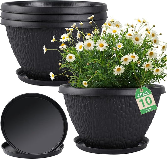 Nooulap 4 Pack 10 inch Plant Pots for Outdoor Indoor, Durable Flower Pots with Drainage, Indoor Outdoor Planters for Herbs Flowers Small Trees (Black Pebbles Design)