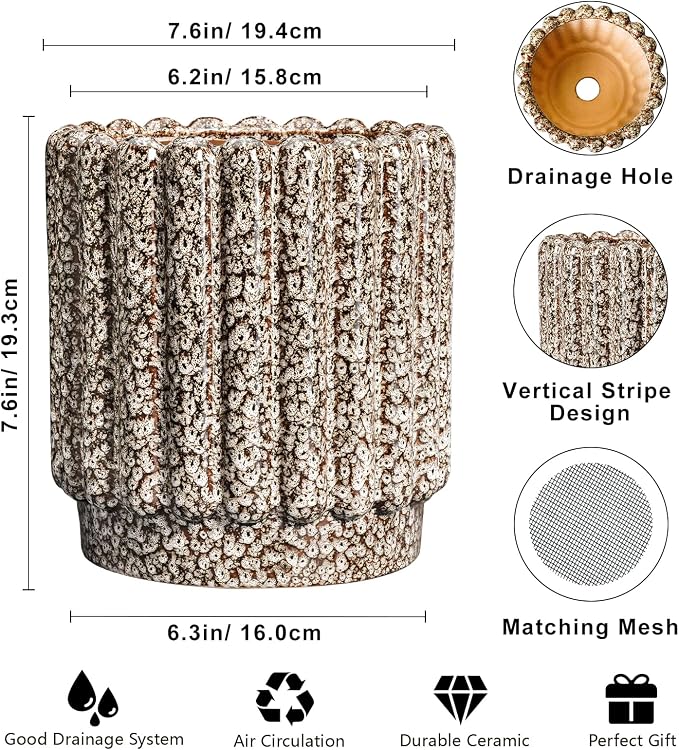 Ceramicfor Ceramic Plant Pot, 7.6 Inch, Leopard Print White | Drainage Hole, Fluted Round Planter, Indoor Plants, Outdoor Decorative, Garden Gifts