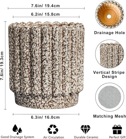 Ceramicfor Ceramic Plant Pot, 7.6 Inch, Leopard Print White | Drainage Hole, Fluted Round Planter, Indoor Plants, Outdoor Decorative, Garden Gifts