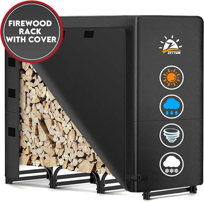 Zettum 4ft Firewood Log Rack with Cover - Outdoor Wood Stand Holder with Cover Heavy Duty, 4 Feet Metal Fire Wood Pile Organizer and Cover Combo Set for Fireplace Storage (48 x 14 x 48 Inch)