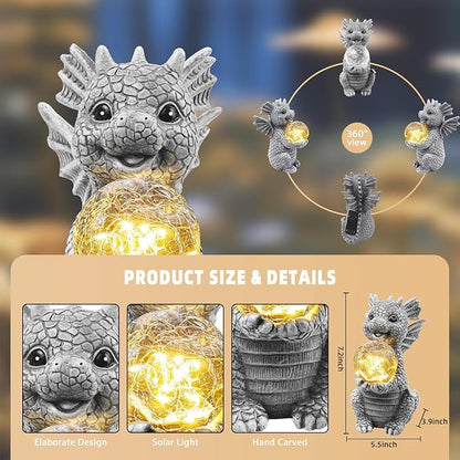Solar Garden Decorations - Dragon Statue | Crackle Glass Ball Light, Garden Decor for Patio, Yard, Lawn, Pathway, Landescape,Housewarming Gifts for Women Mom Grandmom