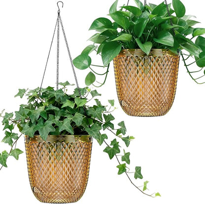QCQHDU Hanging Planters for Indoor Plants, 2-Pack, 5.7 Inch, Gold | Plastic, Self Watering Plant Hanger, with Drainage Holes, 3 Hooks Chains, For Garden Home