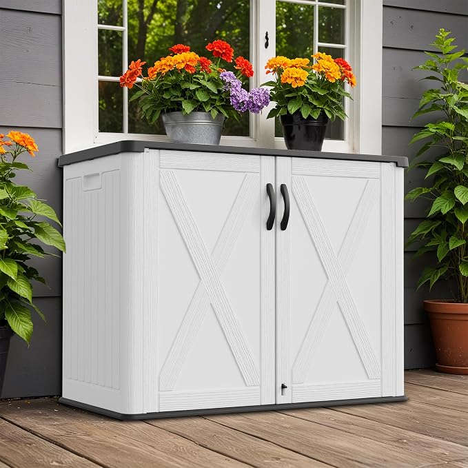 Greesum Outdoor Storage Cabinet, 26 CUFT Deck Box Without Shelves, Waterproof Plastic Storage Shed for Patio Cushions, Gardening Tools, Sidehandles and Lockable, UV Resistant, White