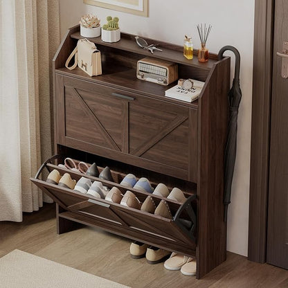 Mericonia Farmhouse Shoe Cabinet with 2 Flip Drawers, Shoes Storage Cabinet, Freestanding Shoe Rack Organizer for Entryway, Walnut
