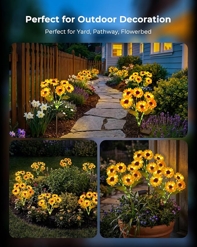 Brightown 3 Pack Solar Sunflowers Garden Decor,18 Solar Powered Sunflowers for Outside with Glowing Stems, Waterproof Solar Flowers Outdoor, Auto On Off Decorative Stakes Light for Yard, Patio, Lawn | 18 glowing stem sunflowers, waterproof solar powere...