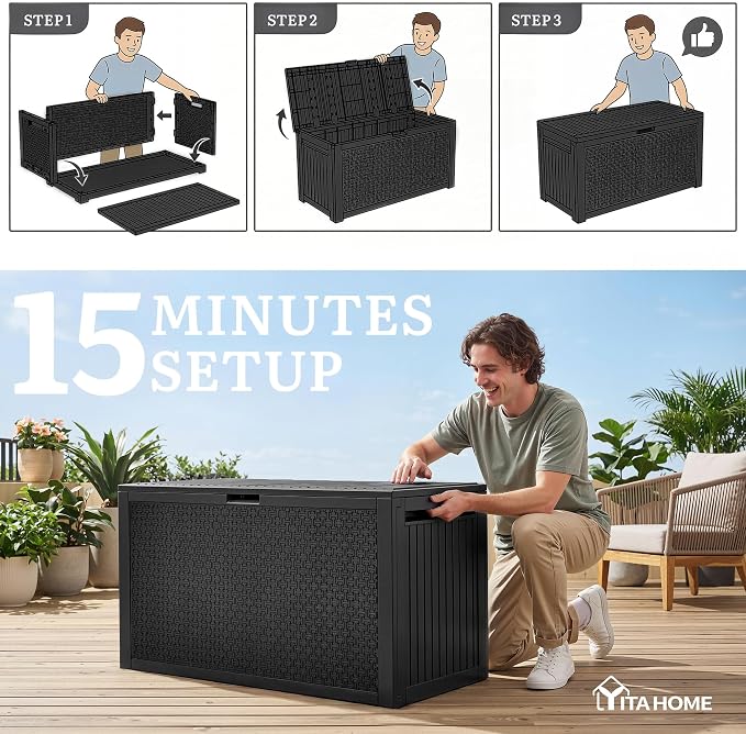 YITAHOME 95 Gallon Outdoor Storage Deck Box | Waterproof Resin Deck Box w/Handles, Lockable Outdside Deck Box for Patio Furniture, Garden Tools, Lockable & UV