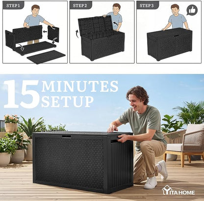 YITAHOME 95 Gallon Outdoor Storage Deck Box | Waterproof Resin Deck Box w/Handles, Lockable Outdside Deck Box for Patio Furniture, Garden Tools, Lockable & UV