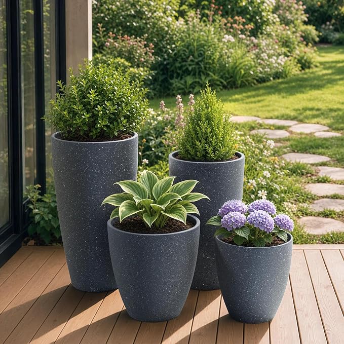 ZMTECH 4 Pack Plastic Planters 21/18/12/10in, Indoor Outdoor Round Planter for Porch, Large Plant Pot with Drainage Hole for Home Garden Front Door, Modern Decorative Pots for Plants (Dark Gray)