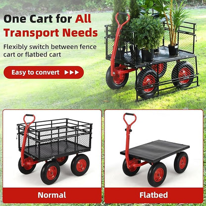 GarveeHome 1400Lbs Heavy Duty Steel Garden Cart, Garden Wagon Cart on Wheels, Metal Yard Utility Wagon with Removable Mesh Sides, 2-in-1 180° Rotating Handle and 16 Inch Wheels for Garden, Farm, Yard