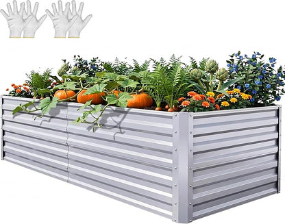 YITAHOME 6x3x2ft Large Raised Garden Bed Kit, Galvanized Metal Planter Box with Gloves, Support Rod, Outdoor Above Ground Planters for Plants, Vegetables, Flowers, Silver Gray
