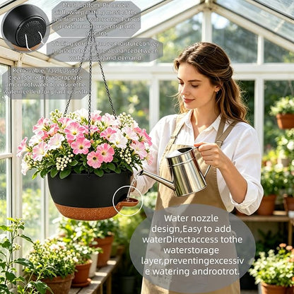 Set of 4-8 Inch Self Watering Hanging Planters for Indoor Outdoor，Hanging Plant Pots with Drainage & Removable Tray, Hanging Pots Holder for Ivy, Pothos, Ferns, Balcony & Patio, Black Brown