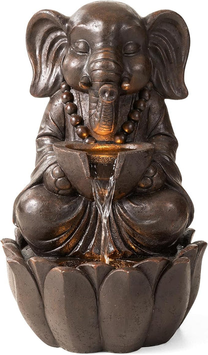 Glitzhome Outdoor Fountains, Water Fountains Outdoor with Lights&Pump, 21.75" H 2-Tiered Zen-Style Bronze Polyresin Elephant Garden Fountain Floor Standing Waterfall for Patio, Porch, or Yard Decor