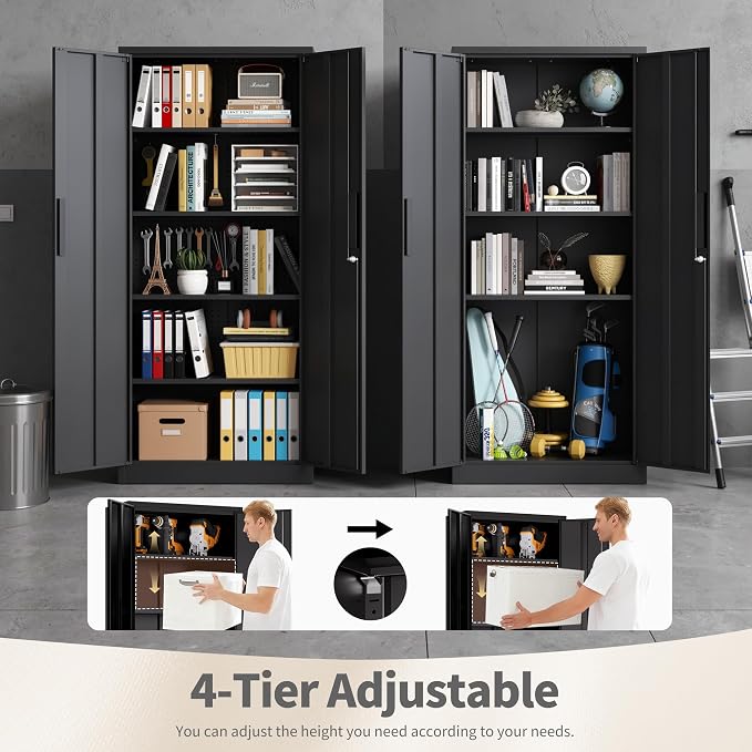 Metal Storage Cabinet with 2 Doors and 4 Shelves, 71" H Metal Cabinet with Lock, Steel Locking File Cabinet, Lockable Storage Cabinet, Tool Cabinet for Home, Office,Garage, School, Black