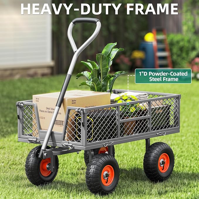 Heavy Duty Garden Cart, 900 lb Steel Wagon with All Terrain Tires | Removable Sides Become Flatbed, 180° Rotating Handle,for Yard, Garden, Hauling