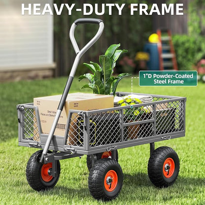 Heavy Duty Garden Cart, 900 lb Steel Wagon with All Terrain Tires | Removable Sides Become Flatbed, 180° Rotating Handle,for Yard, Garden, Hauling