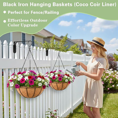 EIMQUVW Outdoor Metal Hanging Planters Basket (4pack, 8 inch) Hanging Baskets for Plants Chain Round Wire Plant Holder with Coco Fiber Liners for Garden, Patio, Deck, Porch