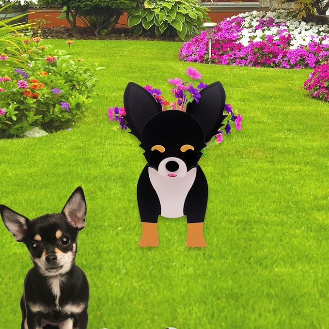 Black and White Chihuahua Dog Planter Pots, 9.84 x 5.91 x 13.46 in | Dog Flower Pot, Cute Animal Shaped Plant Pot, Gifts for Women & Pet Lovers, Indoor Outdoor Garden Home Office Decor