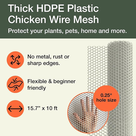 Maporch Plastic Chicken Wire Fencing for Pet Protection - 15.7" x 10ft, HDPE White Chicken Wire - Garden Fence Animal Barrier for Dogs, Cats and Rabbits (1-Pack) | 15.7" x 10ft - HDPE Home and Garden Netting - UV Resistant - Customizable Balcony Barrie...