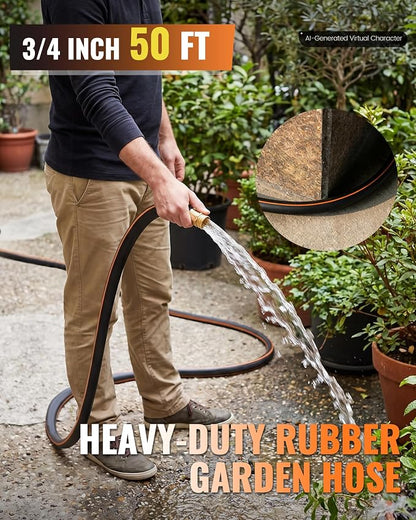 Heavy Duty Rubber Garden Hose 50FT x 3/4", Flexible Water Hose with 360° Swivel Brass Fittings, 300 PSI Working, 1000 PSI Burst, 5-Layer Reinforce, All Weather Outdoor Hose, BG50GH406