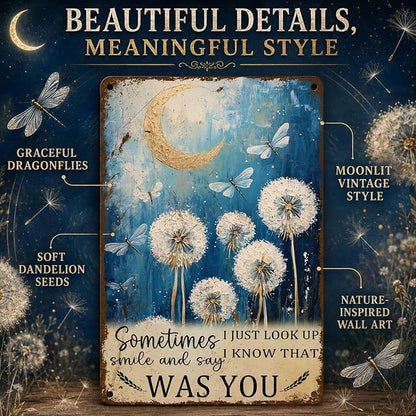 PEACHGARDEN Dragonfly Sign Dandelion Decor Wall Art - "I Know That Was You" Whimsical Home Decor, Vintage Memorial Metal Sign for Bedroom Living Room 8x12 Inch