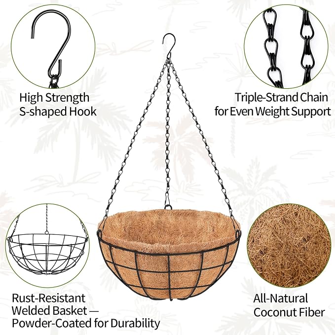 16 inch Hanging Baskets for Plants Outdoor, 4 Pack Large Hanging Planters for Outdoor Plants, Round Wire Hanging Flower Pots with Coconut Coir Liners for Garden, Deck, Porch, Balcony