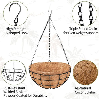 16 inch Hanging Baskets for Plants Outdoor, 4 Pack Large Hanging Planters for Outdoor Plants, Round Wire Hanging Flower Pots with Coconut Coir Liners for Garden, Deck, Porch, Balcony