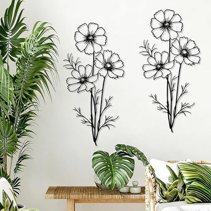 DETENE 2-Pack Black Silhouette Flower Metal Wall Art – Simple Minimalist Modern Decorative Metal Flower Wall Decor for Living Room, Bedroom, Office