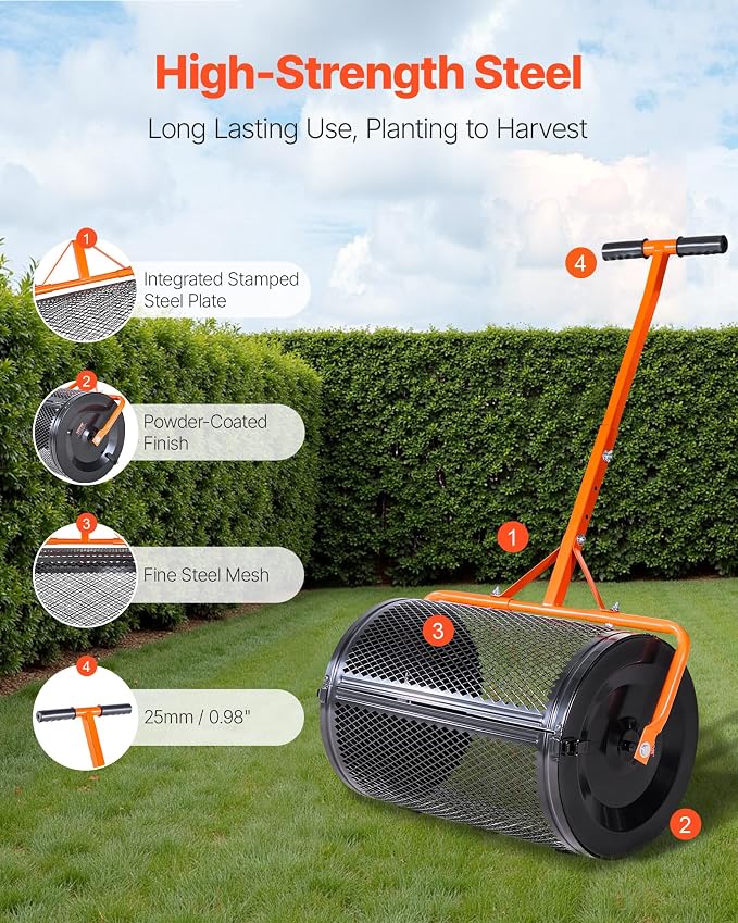 VEVOR Compost Spreader, 24 in Wide Peat Moss Spreader with T Shaped Handle, 3 Heights Adjustable, Powder-Coated Steel Garden Peat Moss Roller, Heavy Duty Grass Seed Spreaders for Planting Seeding