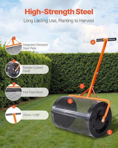 VEVOR Compost Spreader, 24 in Wide Peat Moss Spreader with T Shaped Handle, 3 Heights Adjustable, Powder-Coated Steel Garden Peat Moss Roller, Heavy Duty Grass Seed Spreaders for Planting Seeding
