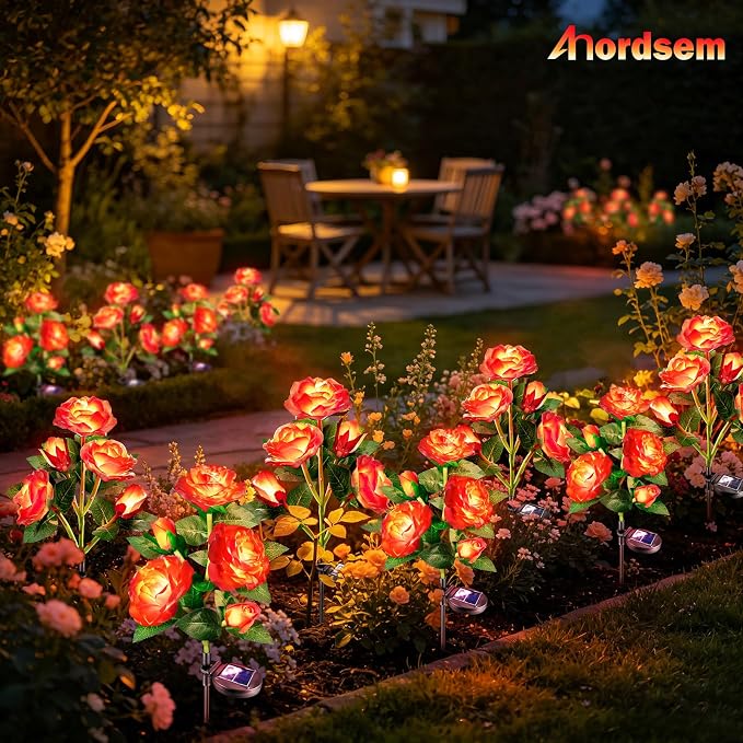 Anordsem Solar Garden Lights Outdoor: 10 Waterproof Fabric Roses 2 Pack - Red LED Flower Decorations for Yard Patio Path Cemetery Grave - Mother 's Day Gift for Her Women Mom Wife