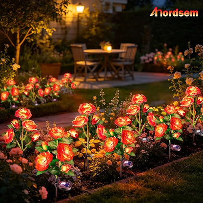 Anordsem Solar Garden Lights Outdoor: 10 Waterproof Fabric Roses 2 Pack - Red LED Flower Decorations for Yard Patio Path Cemetery Grave - Mother 's Day Gift for Her Women Mom Wife