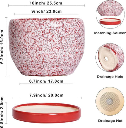 SQOWL Ceramic Planters for Indoor Plants - 10 Inch Flower Pots with Drainage Hole and Saucer, Decorative Ceramic Plant Pots, Round Large Planter Outdoor, Room Decor, Housewarming Gifts, Red and White