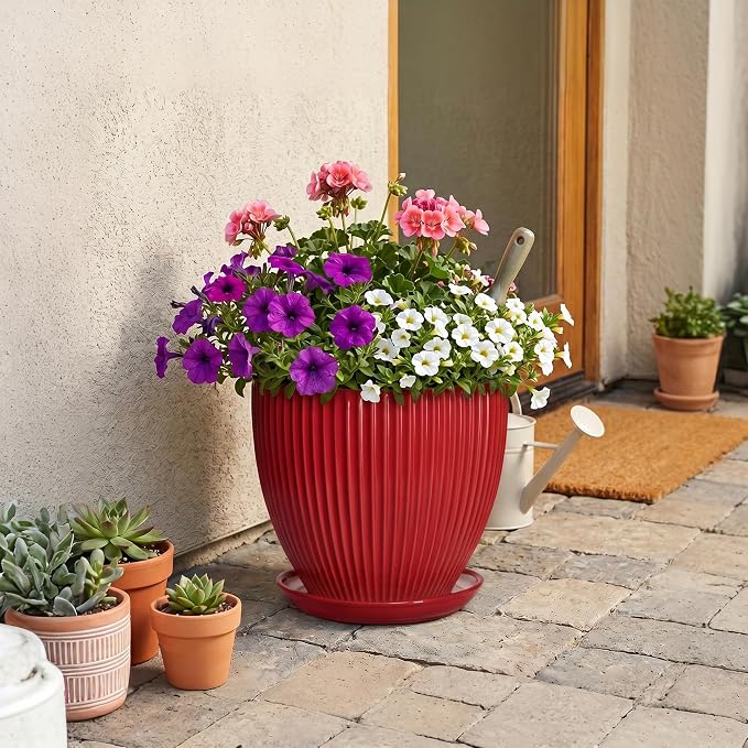 10 Inch Plant Pot, Ceramic Planters for Indoor Plants, Decorative Plant Pots with Drainage Hole and Saucer, Modern Round Large Planter, Office Apartment Decor, House Warming Gifts, Red